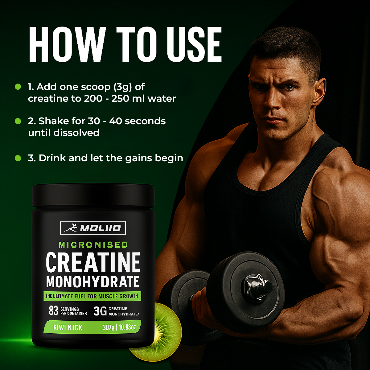 MOLLIO™ Pure Micronised Creatine Monohydrate | Kiwi Kick (307g, 83 servings)